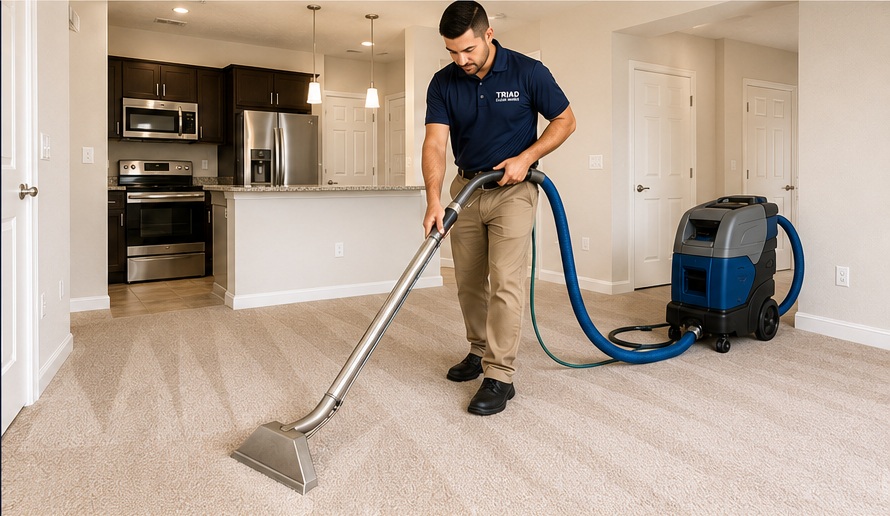 Professional technician cleaning carpet in a vacant apartment with extraction equipment
