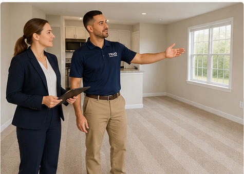 Property manager and carpet cleaning representative reviewing a vacant apartment